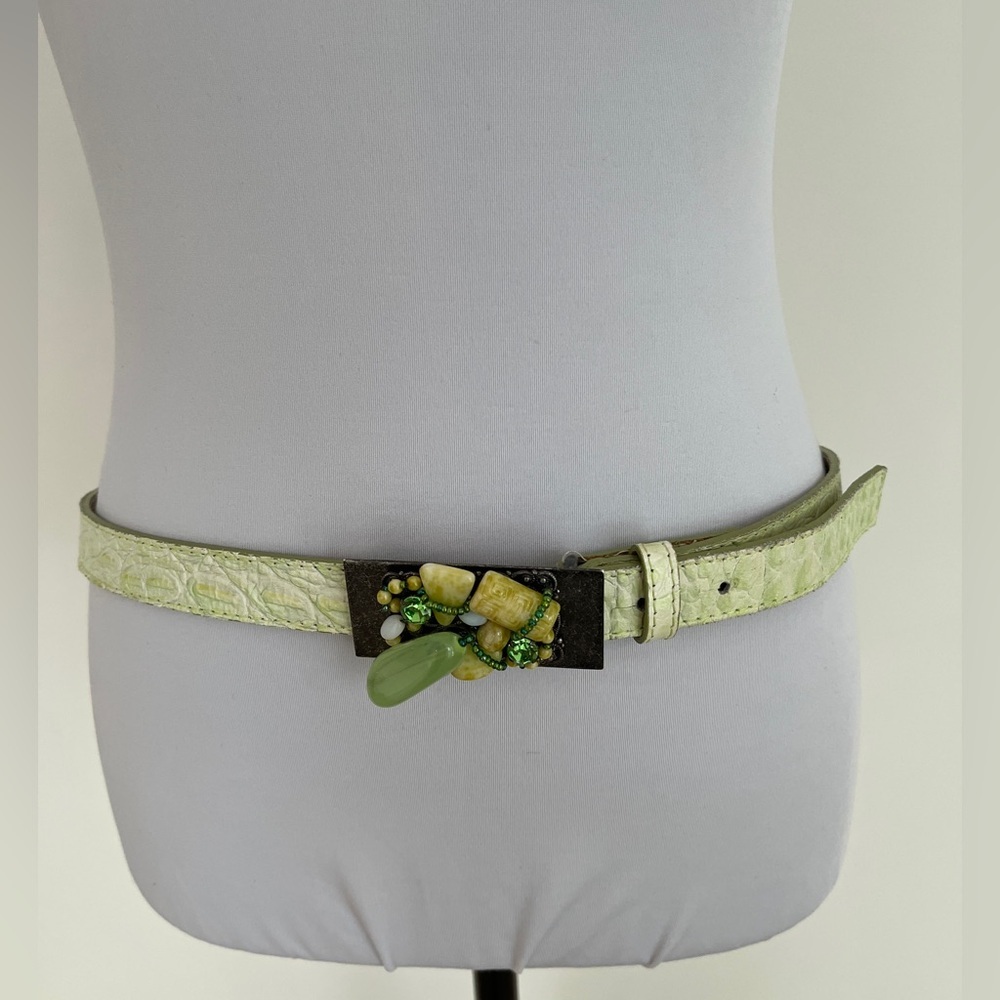 BELT Genuine Leather Made Italy Stone Embellished Buckle Textured Light Green
